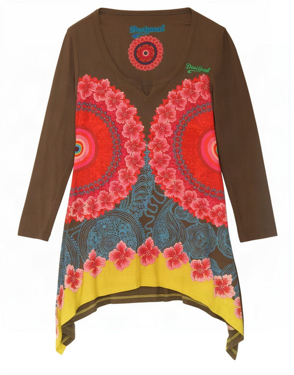 Desigual Abito tunica asimmetrico grafico da donna UK 12 Medium Khaki Floral