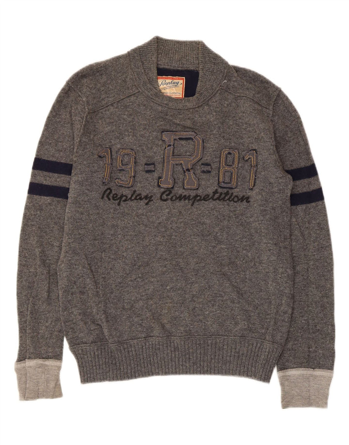 Replay Maglione da uomo girocollo con grafica, piccolo grigio a righe retrò