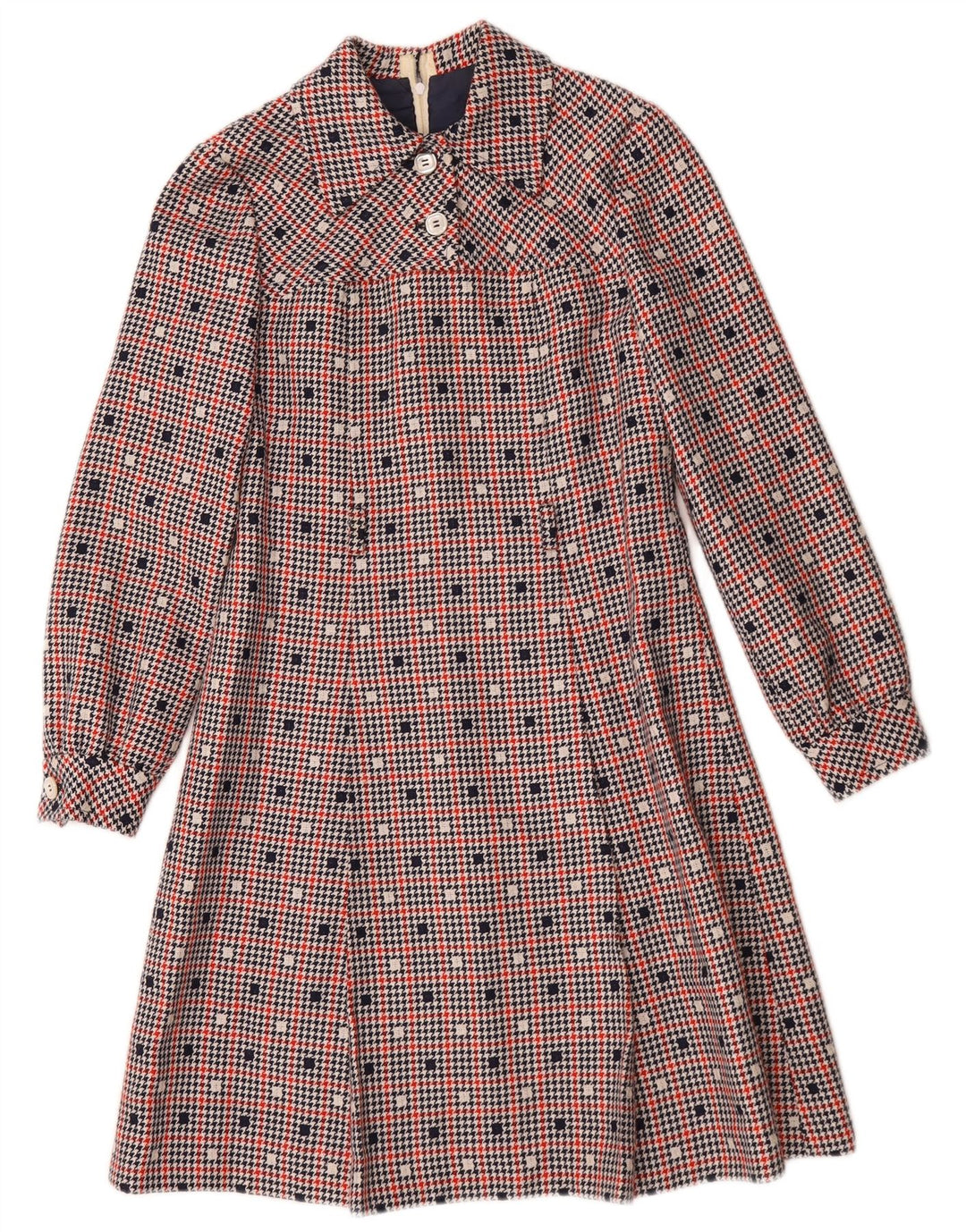 Abito a trapezio a maniche lunghe da donna vintage UK 10 piccoli quadri multicolori