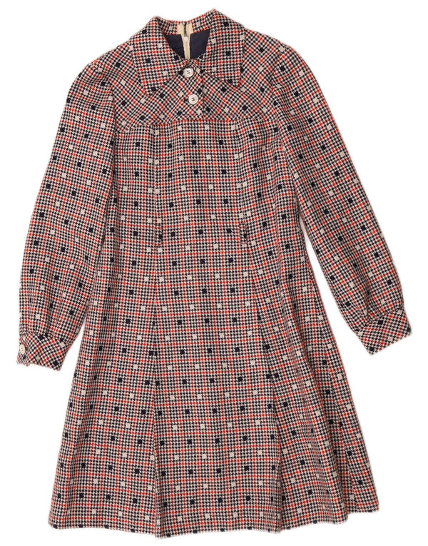 Abito a trapezio a maniche lunghe da donna vintage UK 10 piccoli quadri multicolori