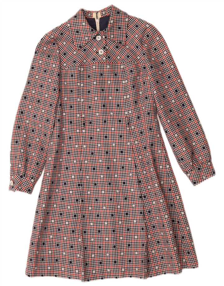 Abito a trapezio a maniche lunghe da donna vintage UK 10 piccoli quadri multicolori