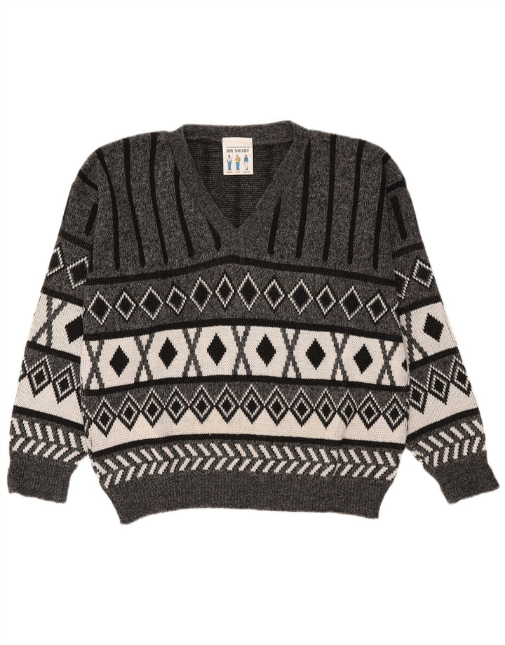 Maglione vintage da uomo con scollo a V, grande grigio a rombi/acrilico con diamanti