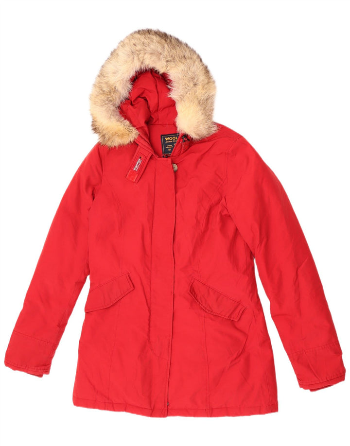 Giacca imbottita con cappuccio da donna Woolrich UK 10 piccola in cotone rosso
