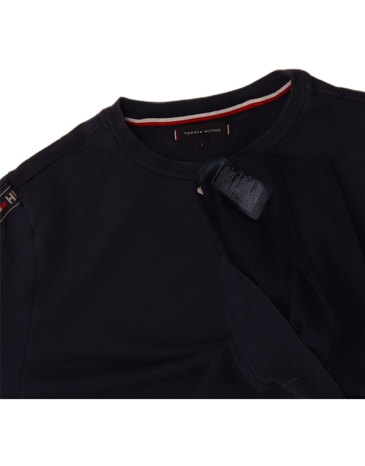 TOMMY HILFIGER Mens Graphic Sweatshirt Jumper Large Navy Blue Cotton Vintage Tommy Hilfiger and Second-Hand Tommy Hilfiger from Messina Hembry 