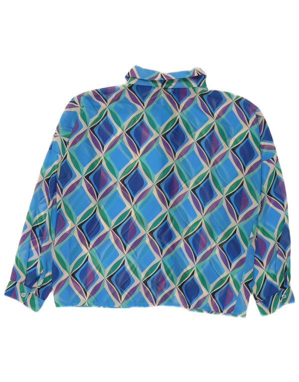 Camicetta vintage da donna con maniche a 3/4 UK 16 Grande poliestere geometrico blu