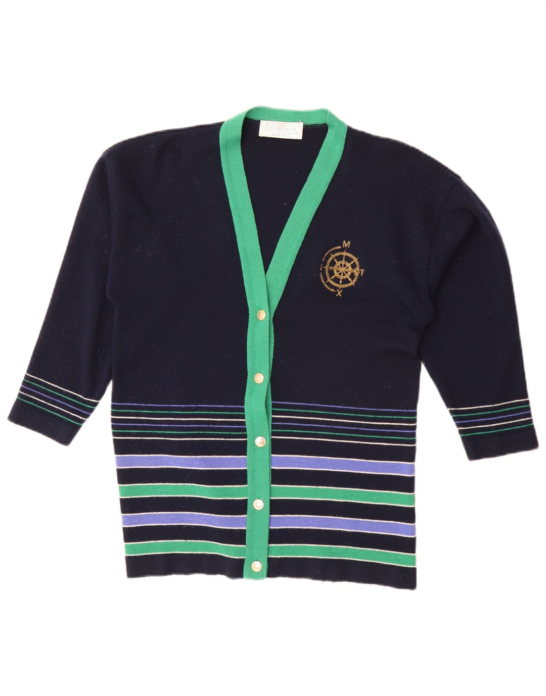 Maglione cardigan da donna di Edimburgo UK 16 grande lana a righe blu navy