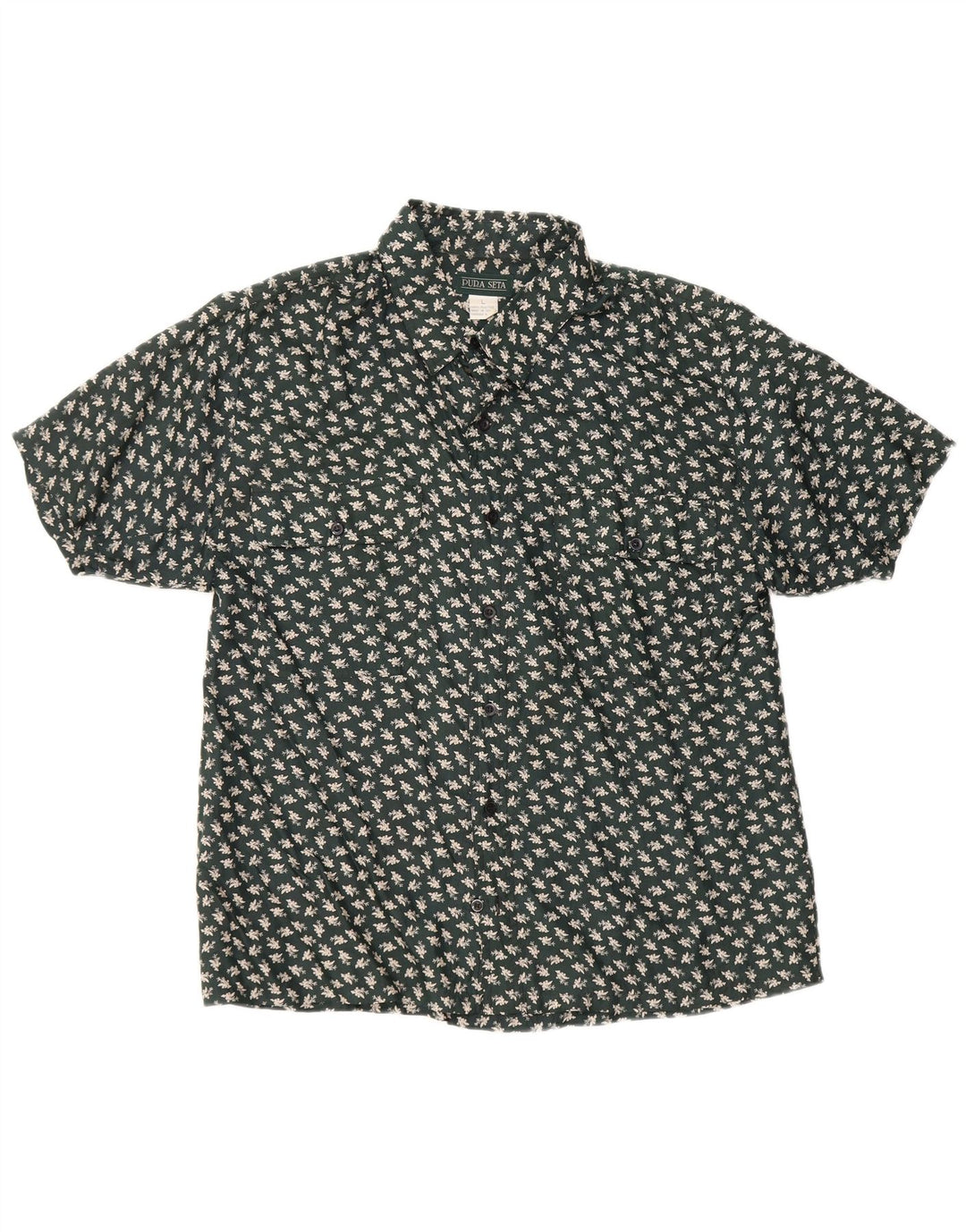 Camicia vintage da uomo a maniche corte in seta floreale verde grande
