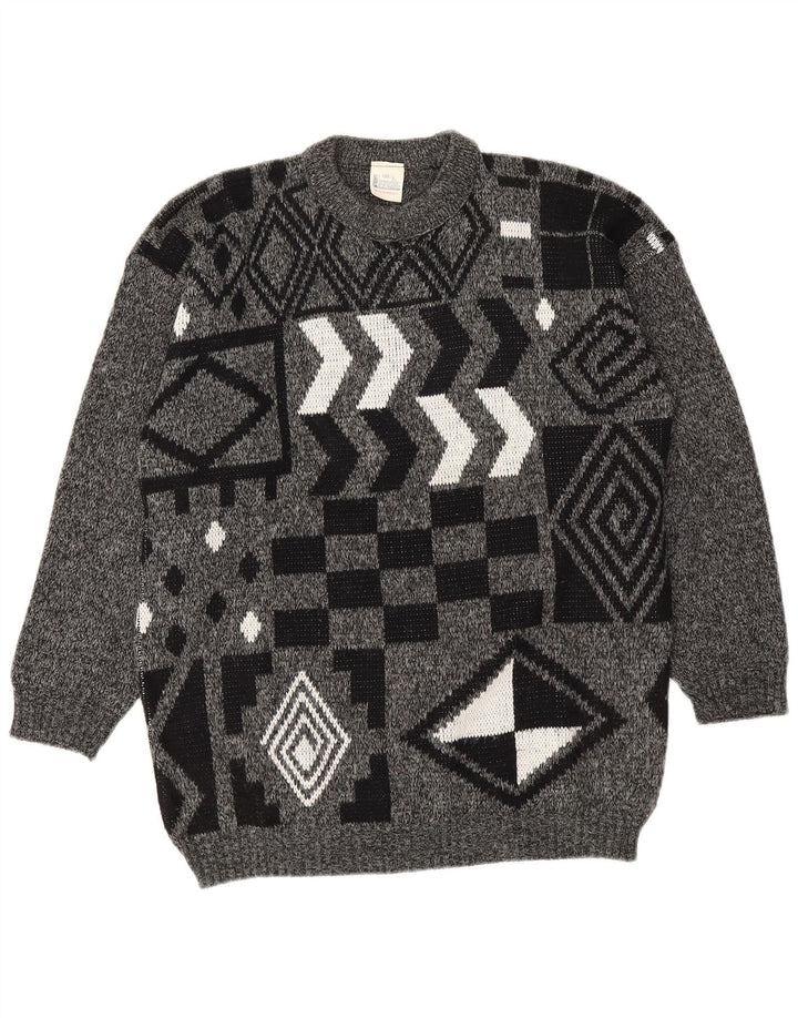 Maglione girocollo da uomo vintage in acrilico geometrico grigio medio