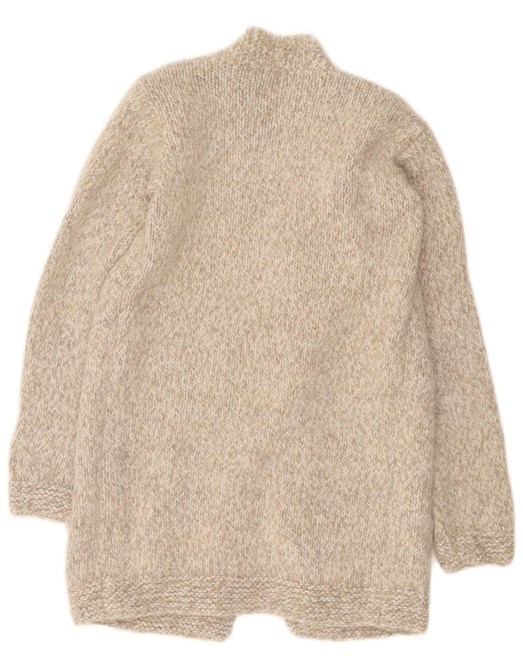 Maglione cardigan aperto con linea lunga da donna vintage UK 8 piccolo beige screziato