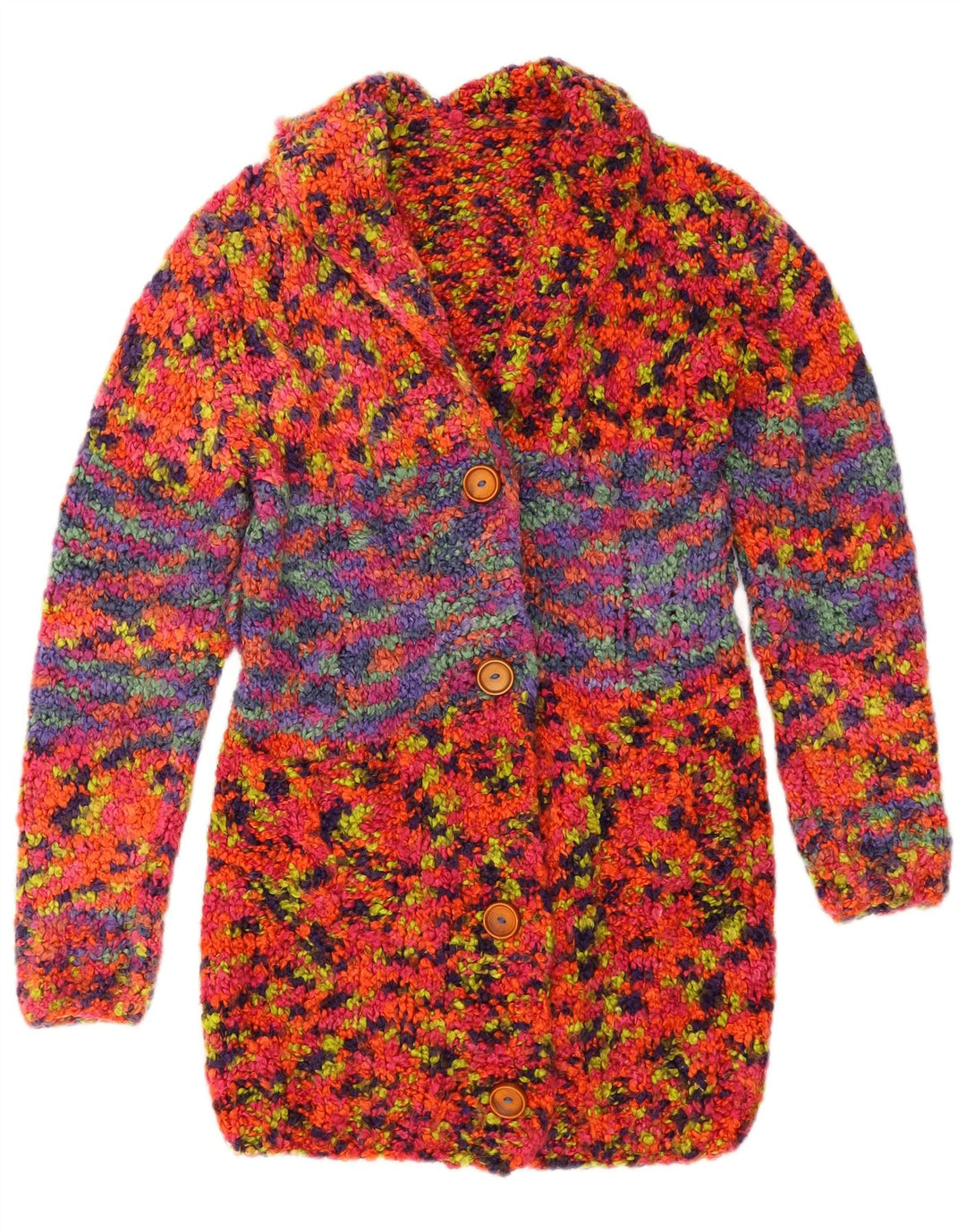Maglione cardigan lungo da donna vintage UK 8 piccolo multicolore chiazzato