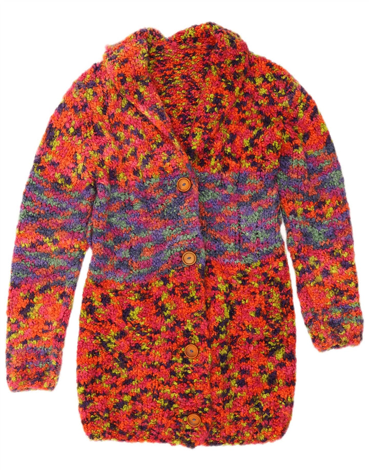 Maglione cardigan lungo da donna vintage UK 8 piccolo multicolore chiazzato