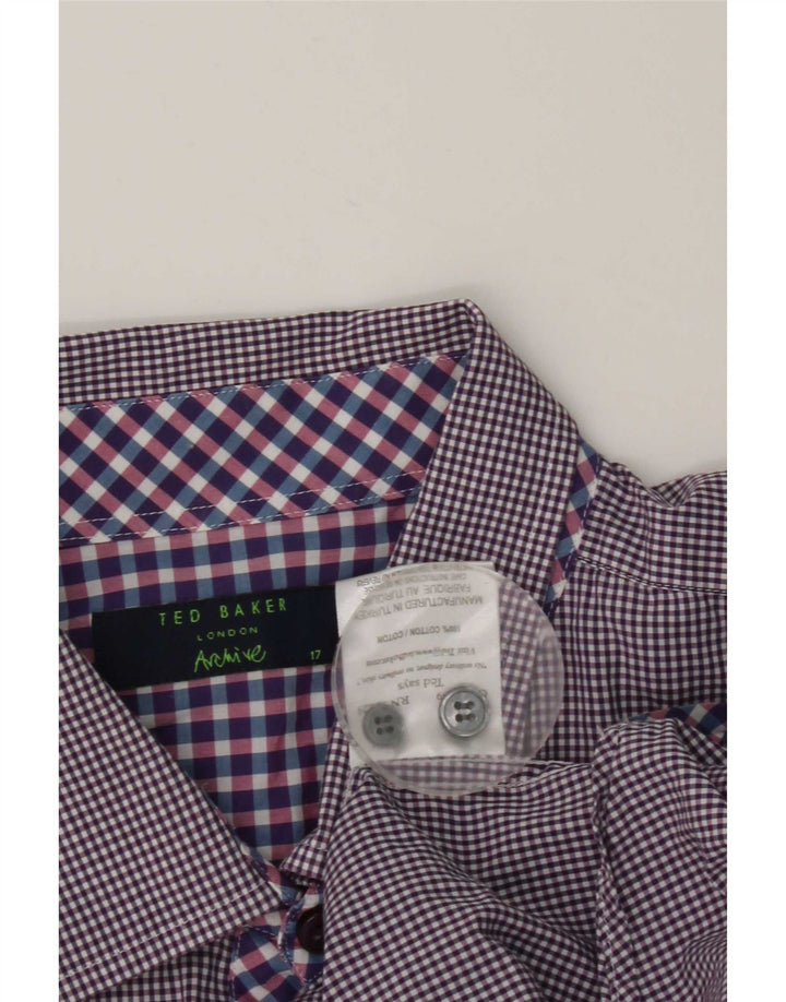 Camicia formale da uomo Ted Baker taglia 17 grande cotone a quadretti viola