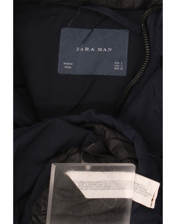 ZARA Giacca Parka da Uomo con Cappuccio UK 40 Large Blu Navy Poliestere