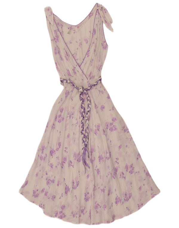 Abito lungo trasparente da donna vintage senza maniche UK 12 floreale bianco medio