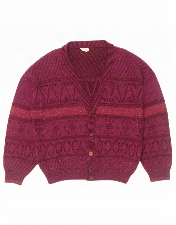 Maglione cardigan da uomo vintage UK 46 XL Lana geometrica bordeaux
