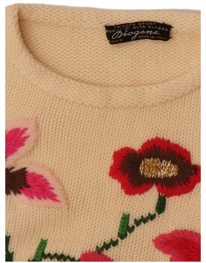 Maglione maglione girocollo da donna vintage UK 14 medio bianco sporco floreale