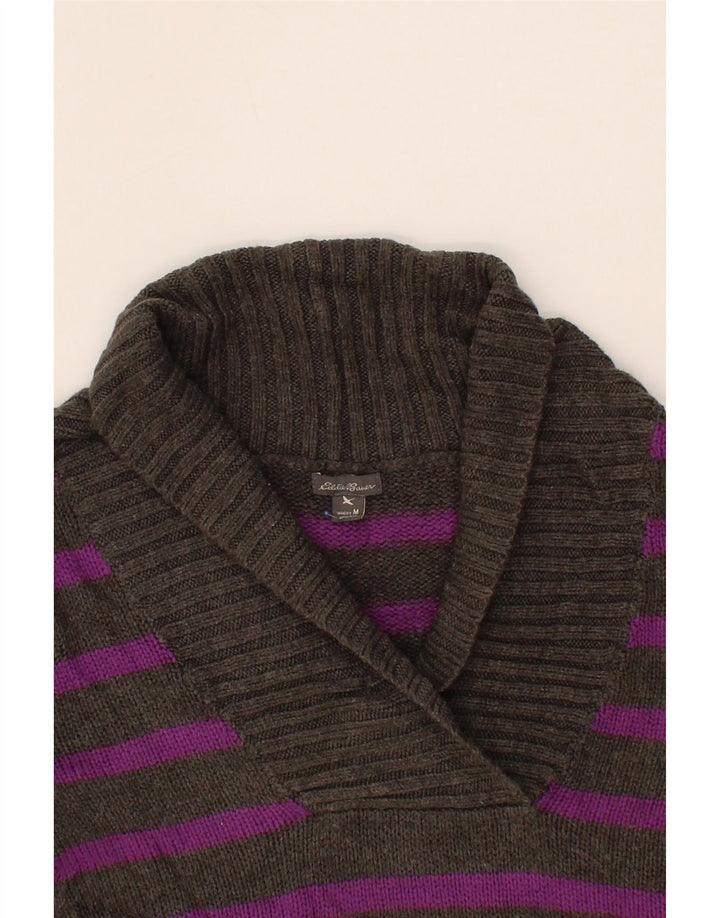 EDDIE BAUER Womens Shawl Neck Jumper Sweater UK 14 Medium Grey Striped Vintage Eddie Bauer and Second-Hand Eddie Bauer from Messina Hembry 