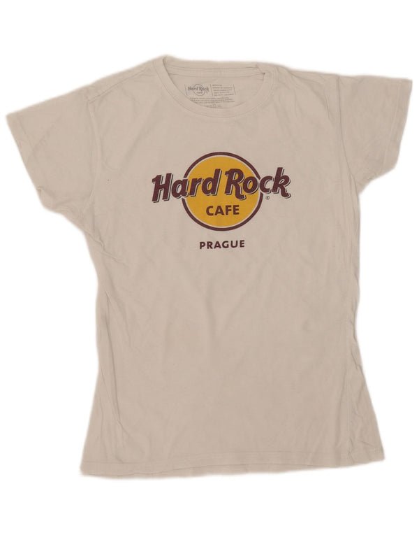 T-shirt grafica da donna Hard Rock Cafe Praga Top UK 12 cotone bianco medio