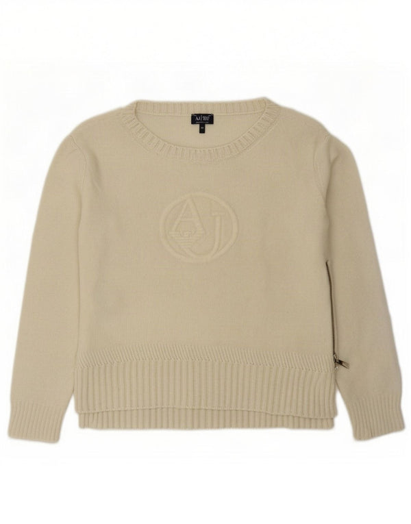 Maglione maglione con scollo a barca grafico da donna Armani EU 42 grande lana bianco sporco