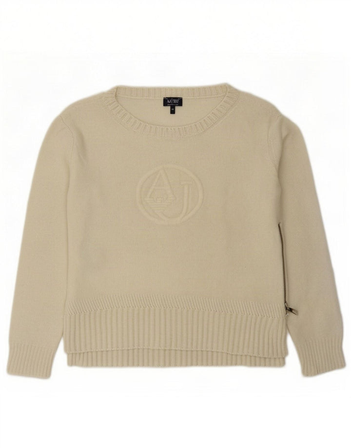 Maglione maglione con scollo a barca grafico da donna Armani EU 42 grande lana bianco sporco