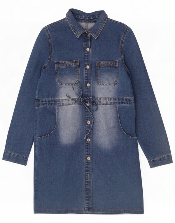 Abito camicia a maniche lunghe da donna vintage UK 18 XL Cotone blu