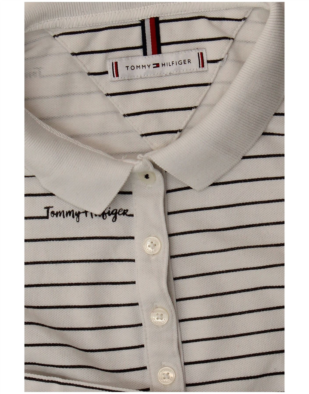 TOMMY HILFIGER Polo grafica da donna UK 14 a righe bianche medie