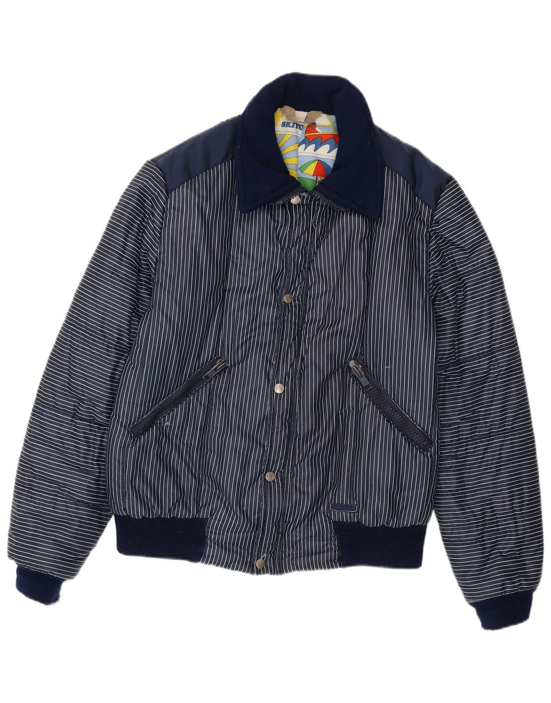 Giacca imbottita con grafica vintage da uomo UK 40 grande gessato blu navy
