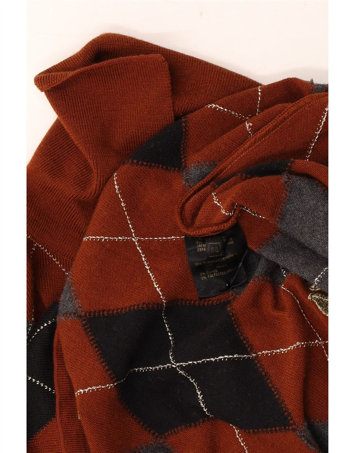 Maglione vintage da donna con collo a polo EU 38 Marrone medio a rombi/diamante