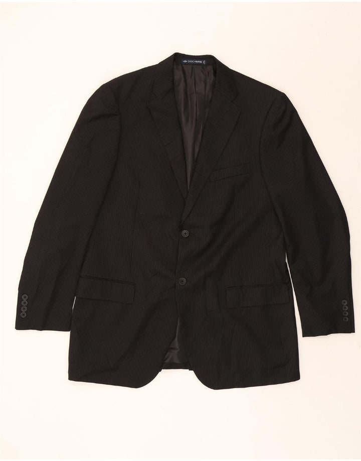 DOCKERS Mens Long 2 Button Blazer Jacket UK 44 2XL Black Pinstripe Vintage Dockers and Second-Hand Dockers from Messina Hembry 