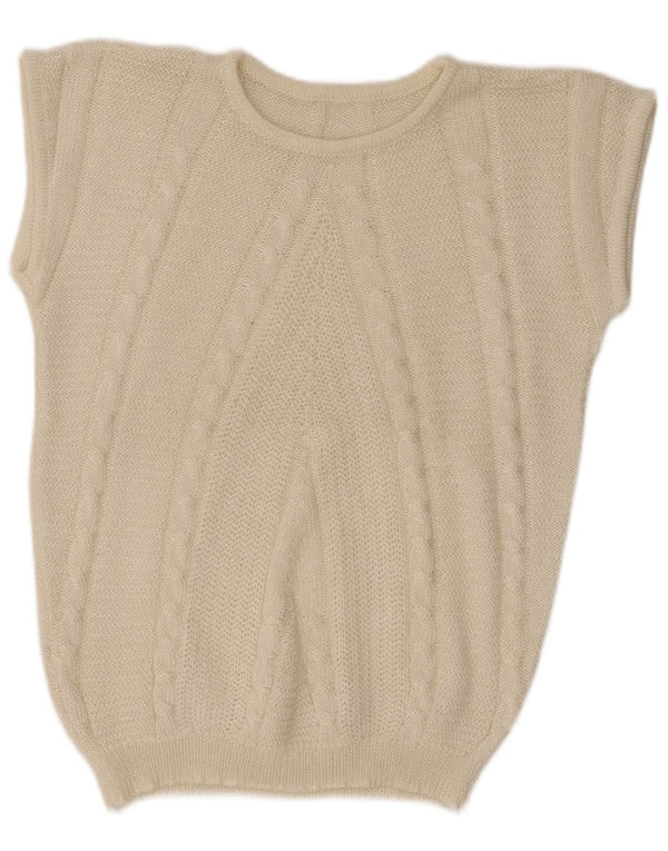 Maglione vintage da donna a maniche corte girocollo UK 14 grande bianco