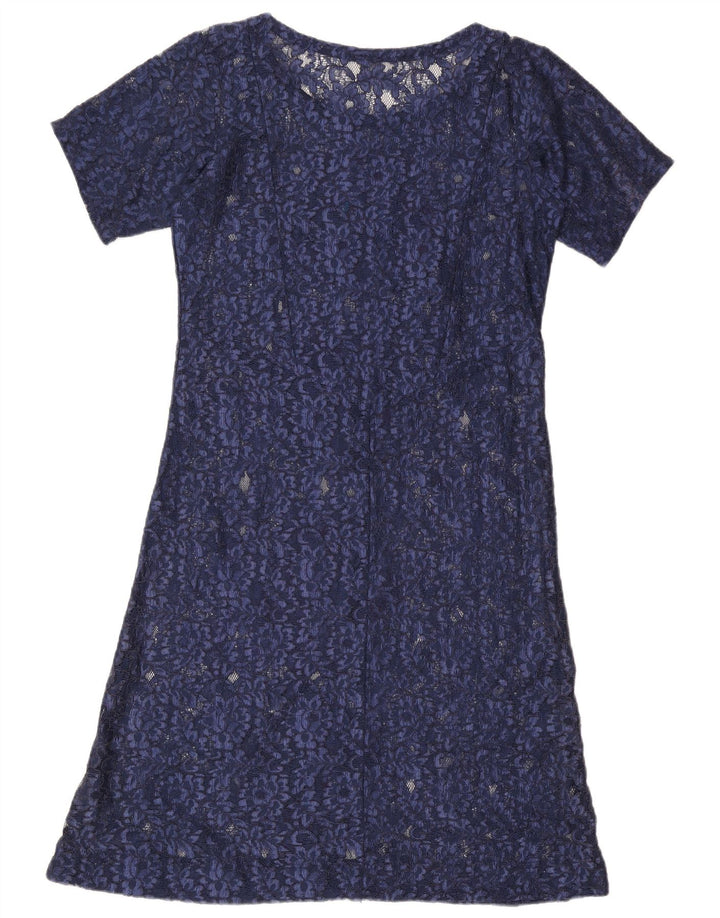 Abito basic in pizzo da donna vintage UK 16 grande blu navy geometrico