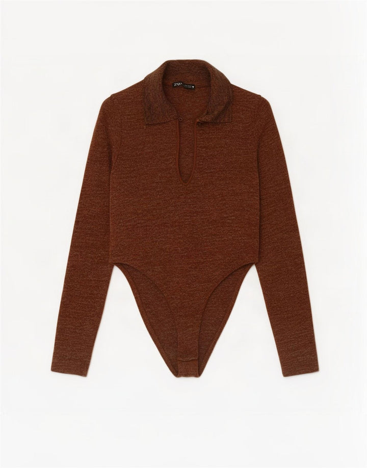 Body a maniche lunghe da donna Zara UK 8 Small Poliestere screziato marrone