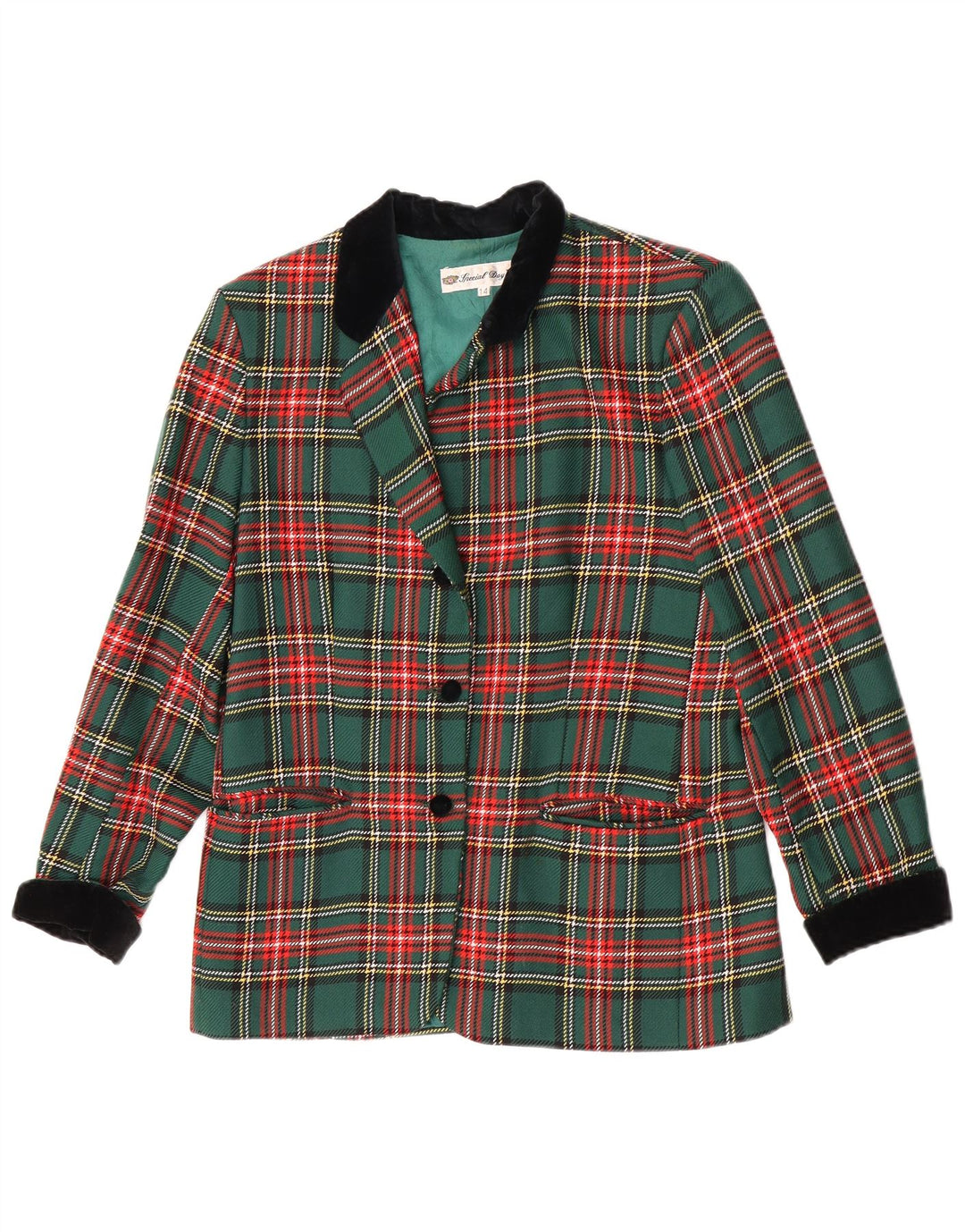 Giacca blazer vintage da donna a 1 bottone UK 14 grande classico a quadri verdi