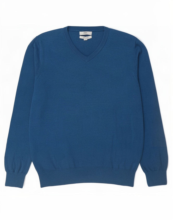 Maglione maglione con scollo a V da uomo Marks & Spencer grande cotone blu