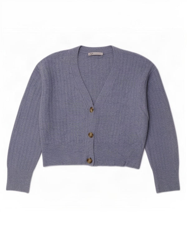 Zara Womens Crop Oversized Cardigan Sweater UK 10 Small Blue Acrylic