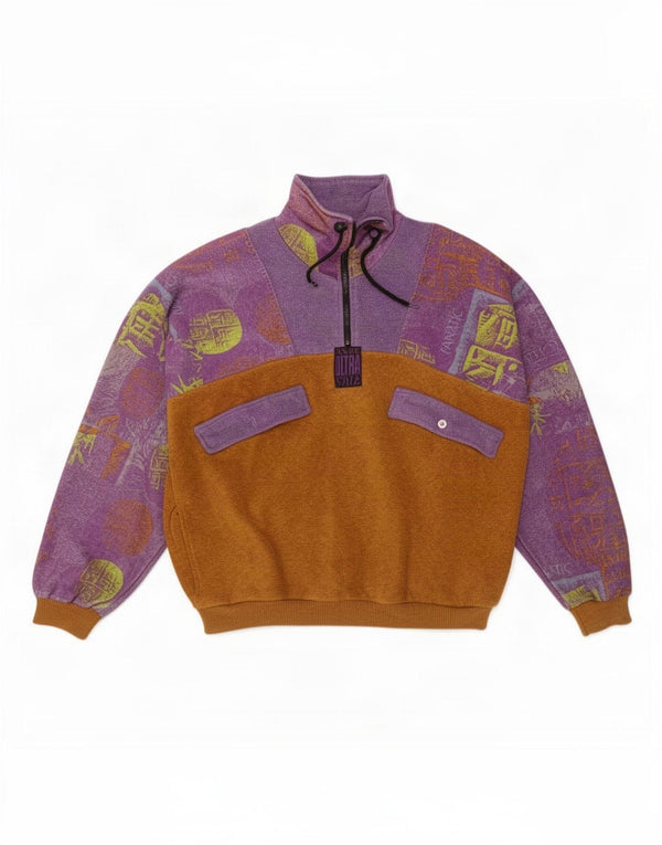 Maglione in pile vintage da uomo con zip e collo XL color block viola