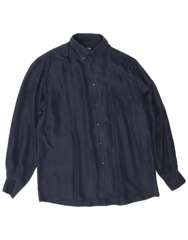 Camicia vintage da uomo grande in seta blu navy