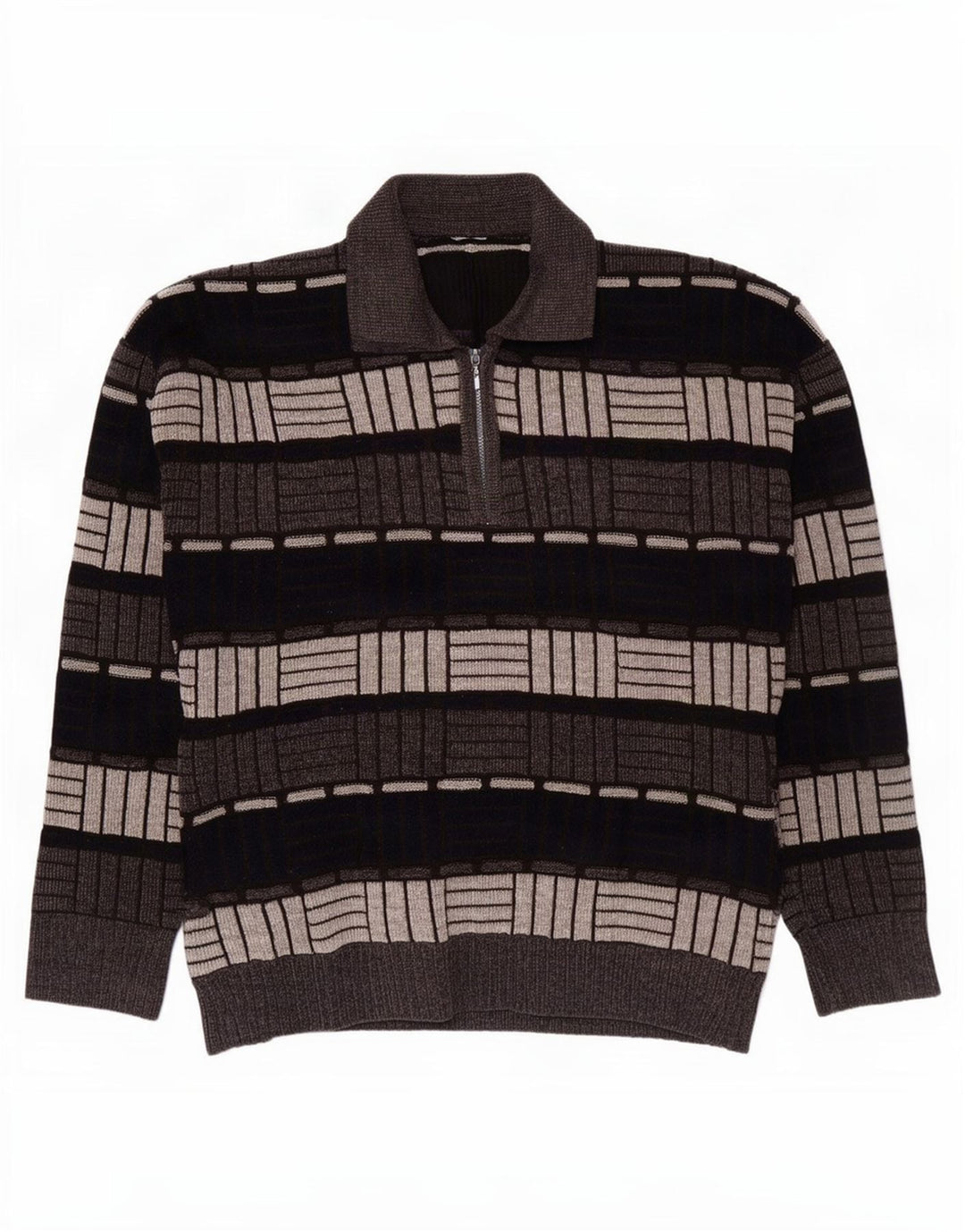 Maglione vintage da uomo con collo a polo grigio medio geometrico