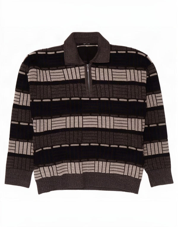 Maglione vintage da uomo con collo a polo grigio medio geometrico