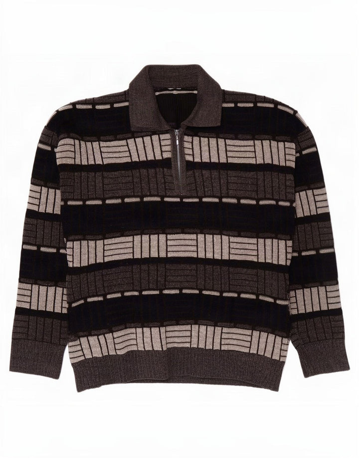 Maglione vintage da uomo con collo a polo grigio medio geometrico