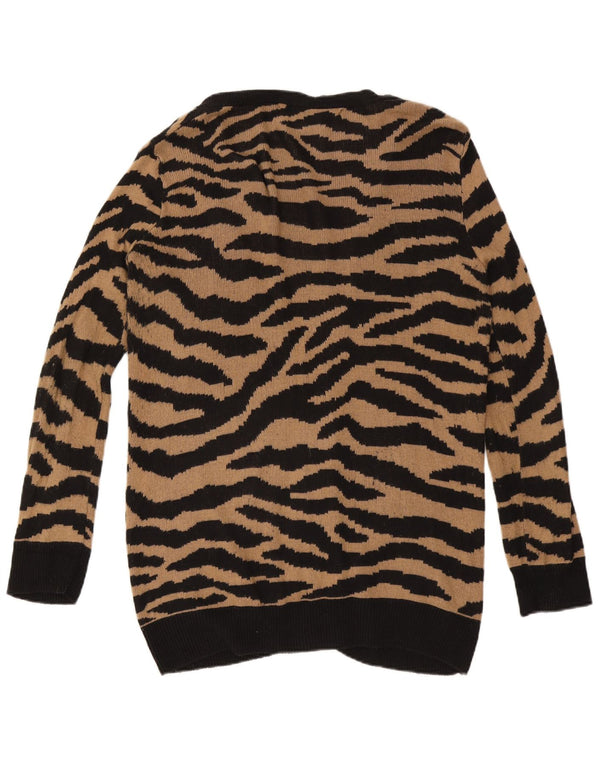 Maglione cardigan lungo da donna Zara UK 16 grande cotone marrone con stampa animalier