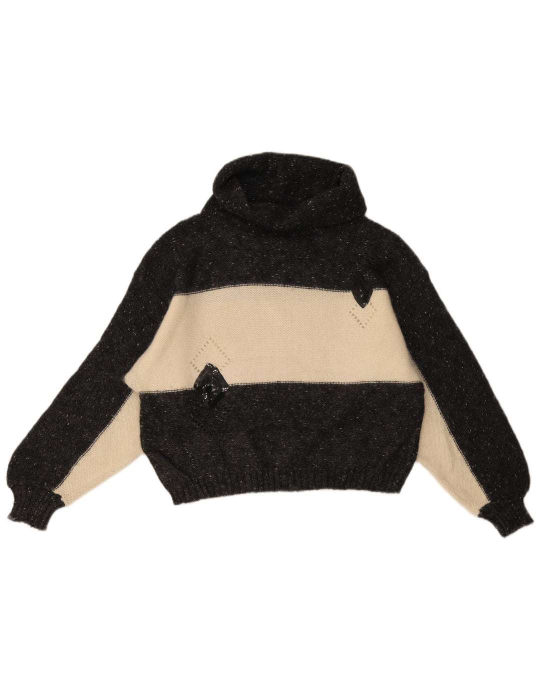 Maglione maglione vintage da donna con collo alto UK 14 lana color block medio nero