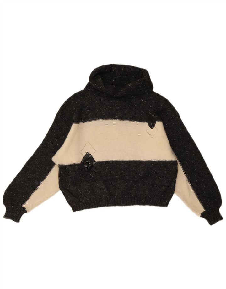 Maglione maglione vintage da donna con collo alto UK 14 lana color block medio nero