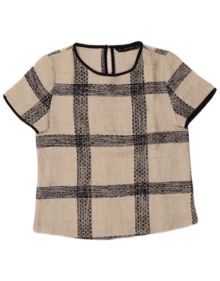 Top in camicetta da donna Zara UK 10 piccolo acrilico a quadri bianco sporco