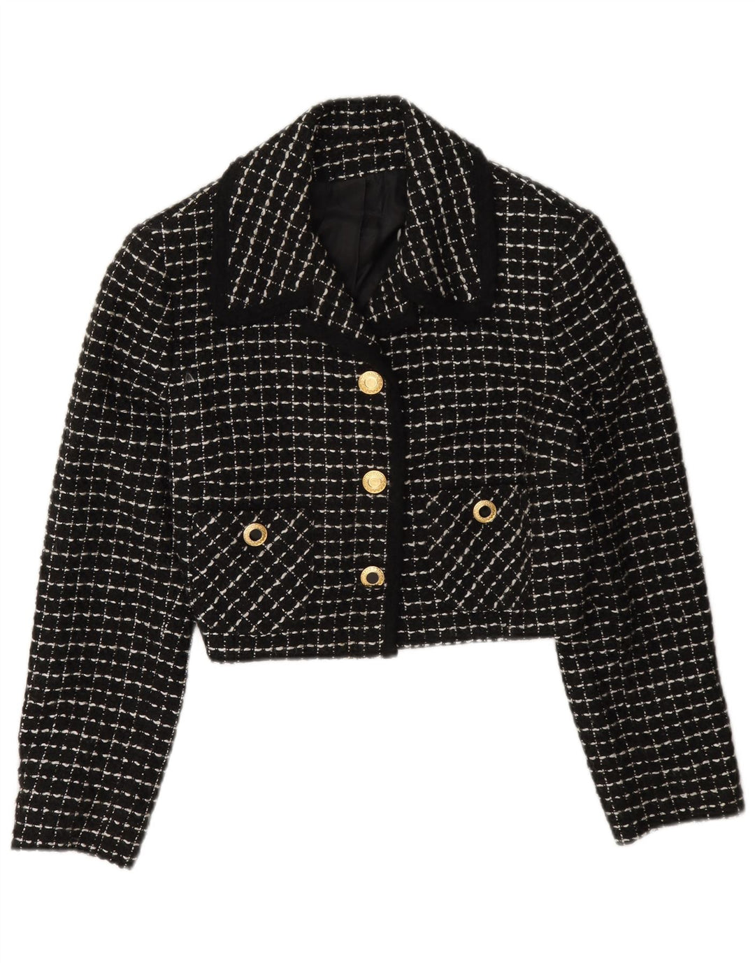 Giacca blazer corta da donna vintage a 3 bottoni IT 42 medio nero a quadri