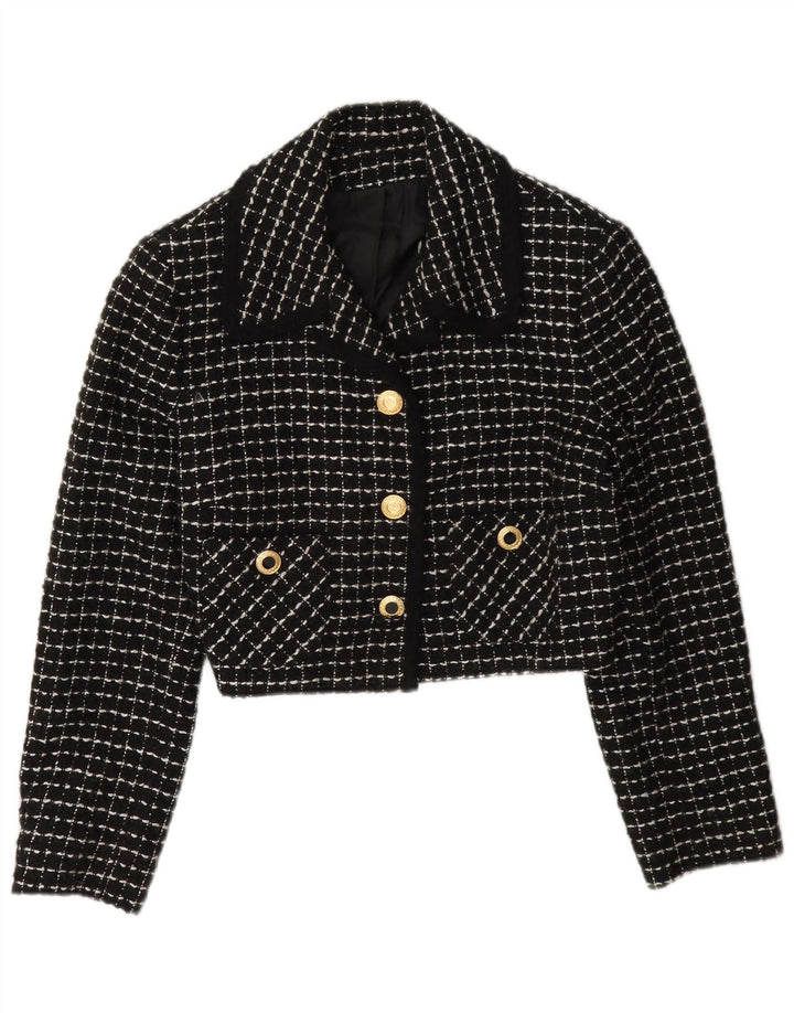 Giacca blazer corta da donna vintage a 3 bottoni IT 42 medio nero a quadri