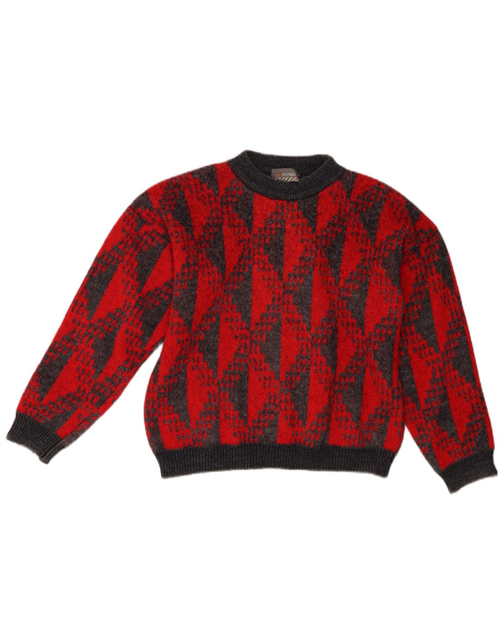 STEFANEL Womens Crop Crew Neck Jumper Sweater UK 12 Medium Red Geometric