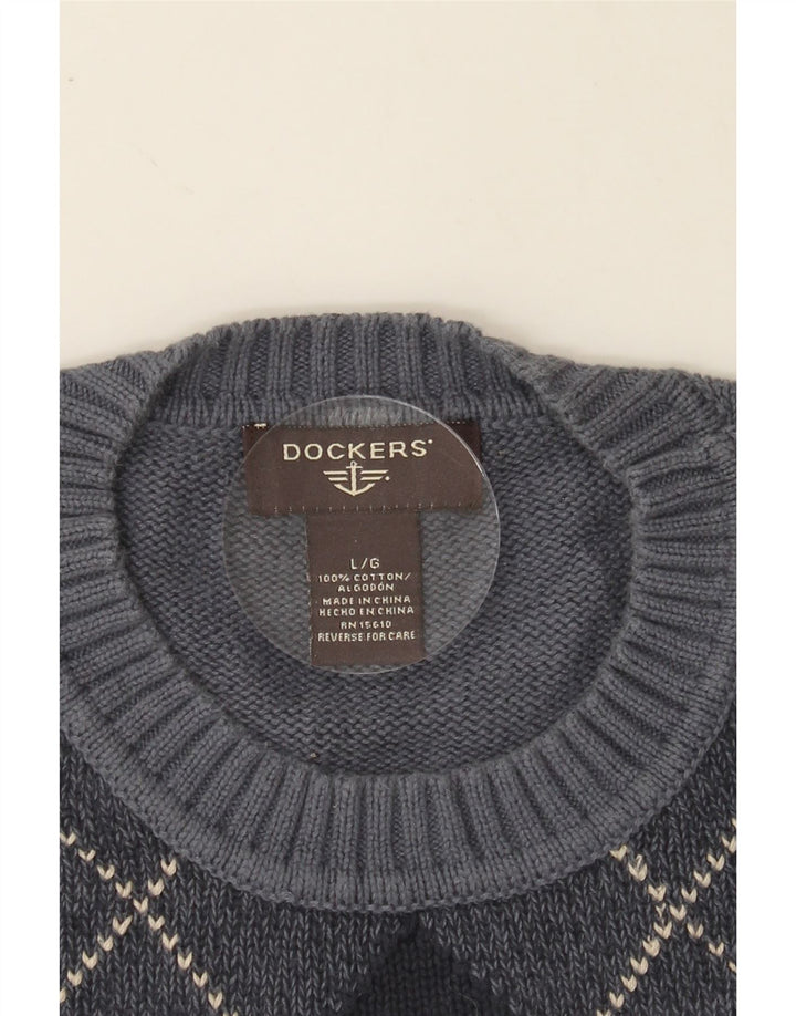 DOCKERS Mens Crew Neck Jumper Sweater Large Grey Argyle/Diamond Cotton Vintage Dockers and Second-Hand Dockers from Messina Hembry 