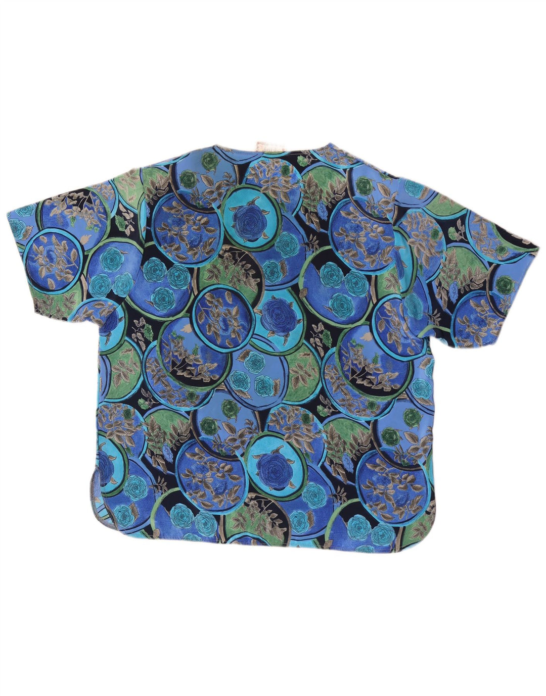 Top camicetta da donna vintage UK 16 grande seta floreale blu