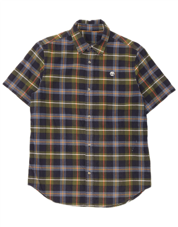 Camicia a maniche corte da uomo Timberland in cotone a quadri blu navy medio